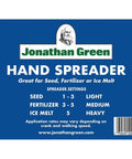Label of Handheld Lawn Spreader For Seed And Fertilizer, Easy Crank Broadcast Spreader That Covers Up To 1,500 Sq Ft, Great For Spot Seeding And Quick Yard Refresh, Blue showing spreader settings and brand name Jonathan Green.