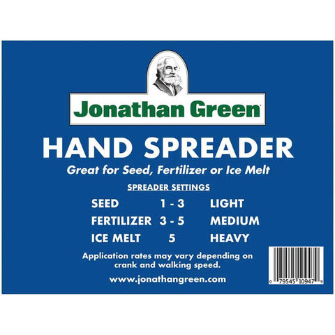 Label of Handheld Lawn Spreader For Seed And Fertilizer, Easy Crank Broadcast Spreader That Covers Up To 1,500 Sq Ft, Great For Spot Seeding And Quick Yard Refresh, Blue showing spreader settings and brand name Jonathan Green.