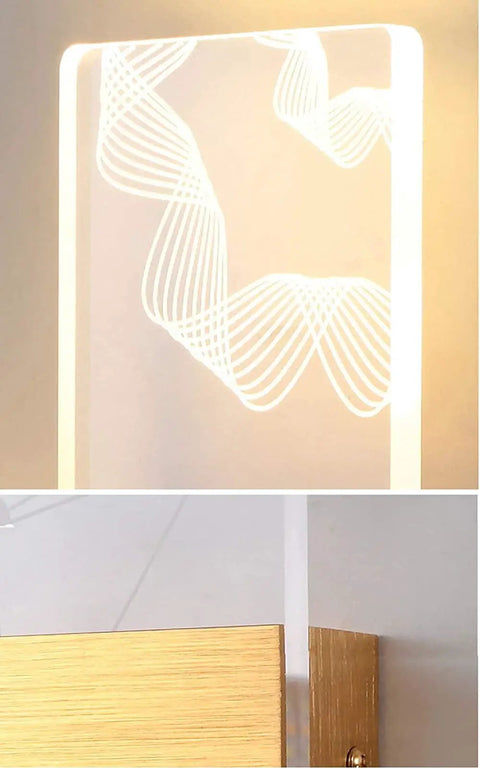 Close-up of Modern Acrylic Led Wall Sconce With Up And Down Ambient Glow Includes A Smart Remote For Swift Dimming and Cool White Switches.