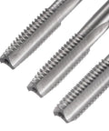3 Piece Metric Hand Tap Set M8 X 1.25 Taper Plug Bottom Screw Taps High Speed Steel tips showing sharp threads for clean cuts.