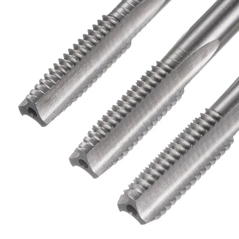 3 Piece Metric Hand Tap Set M8 X 1.25 Taper Plug Bottom Screw Taps High Speed Steel tips showing sharp threads for clean cuts.