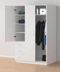 White wooden wardrobe with open doors displaying hanging clothes and folded items on shelves.
