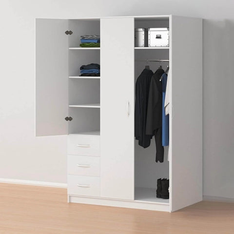 White wooden wardrobe with open doors displaying hanging clothes and folded items on shelves.