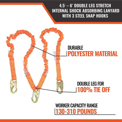 4.5 To 6 Ft Double Leg Stretch Lanyard With Internal Shock Absorber And Three Steel Snap Hooks For Fall Protection display