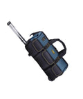 Side view of a 22 Inch Rolling Tool Bag on Wheels with thick Oxford fabric, easy roll casters, and big compartments for heavy duty tools