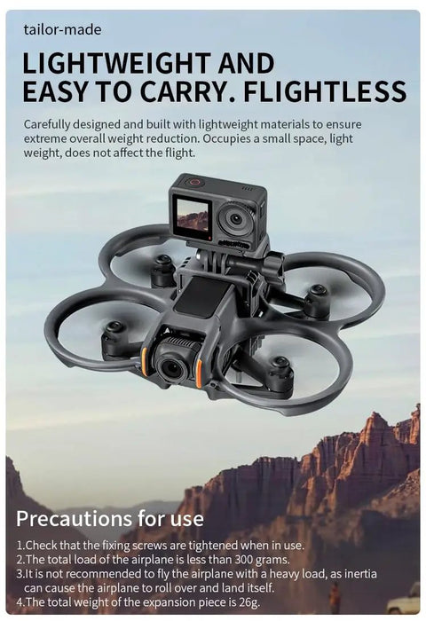 Avata 2 Drone Action Camera Mount Holder for DJI Action 5 and 4 with drone setup against mountain backdrop, 26g black aluminum build.
