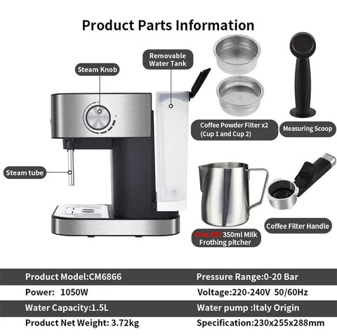 Straight Up Gotta Have Electric Coffee Machine With Milk Frother Brewing Bold Cappuccinos featuring removable water tank and steam knob.