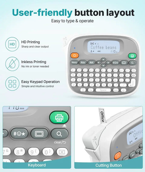 User-friendly button layout of Top Shelf Qwerty Label Maker Featuring Waterproof Build And Portable Slick Design With Type C And Battery Power For Stress Free Home Office Organization Including One White 12mm Core Tape.