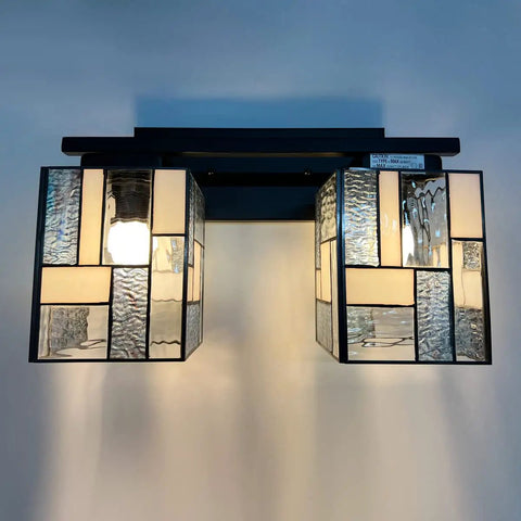 Tiffany Style 2 Light Wall Sconce With Hand Made Stained Glass Shade, square design in warm light for bedroom and bathroom