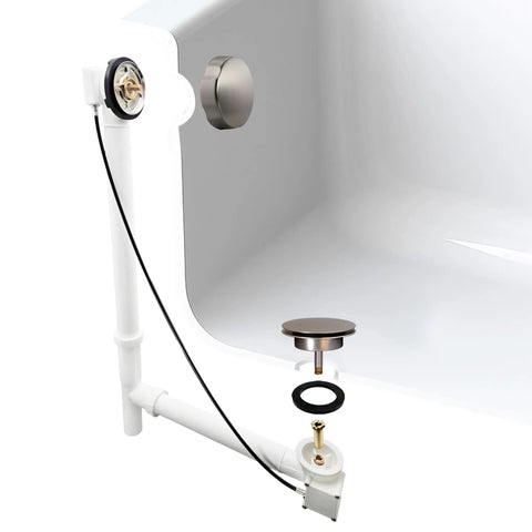 Detailed view of Dead Simple 27 Inch Cable Drive Bath Drain Trim Kit With Rotary Overflow Knob And Pop Up Stopper Satin Nickel Finish.