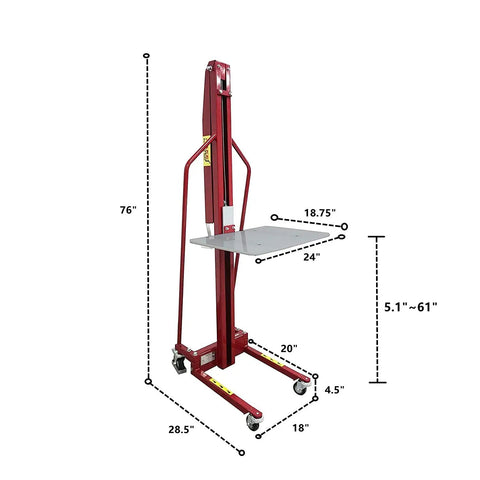 Full Size Manual Hand Winch Work Positioner Lift Truck For Warehouse with steel frame and polyurethane casters, 440 lb capacity.