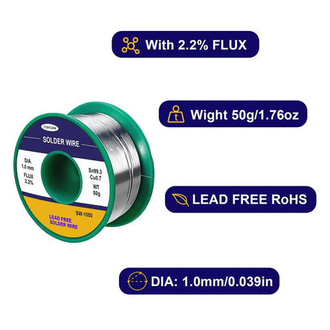 Spool of No Lead Solder Wire 1.0mm Sn99.3Cu0.7 With 2.2 Rosin Core Flux showing label details, RoHS certified