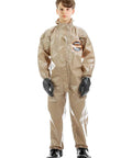 Child wearing Disposable Protective Coverall With Hood And Elastic Cuffs Zipper Front Level C Safety Suit YL Size For Heights 4 Feet 2 Inches To 5 Feet 0 Inches Made In USA No Fuss Easy On Off Great For Worksite Hazmat Prep.