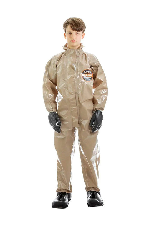 Child wearing Disposable Protective Coverall With Hood And Elastic Cuffs Zipper Front Level C Safety Suit YL Size For Heights 4 Feet 2 Inches To 5 Feet 0 Inches Made In USA No Fuss Easy On Off Great For Worksite Hazmat Prep.