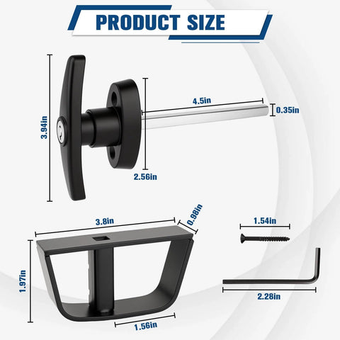 4 And A Half Inch Shed Door Latch Kit With T Handle Lock Built For Locking Up Tight, Carbon Steel Barn Door Hardware With 2 Keys, Perfect For Playhouses, Storage Sheds, Chicken Coops, Campers, RVs And More, showing dimensions and components including T-handle and D-style handle.