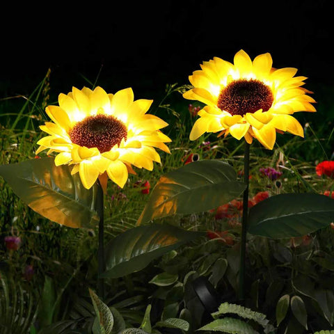 Sunflower Solar Garden Stake Lights Set Of 2 For Outdoor Decor 26 Inch Garden Path Yard Accent Stakes Glowing at Night