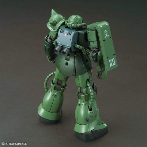 Back view of Gundam The Origin Zaku II Type C6 R6 HG 1 144 Model Kit with shield and backpack detail