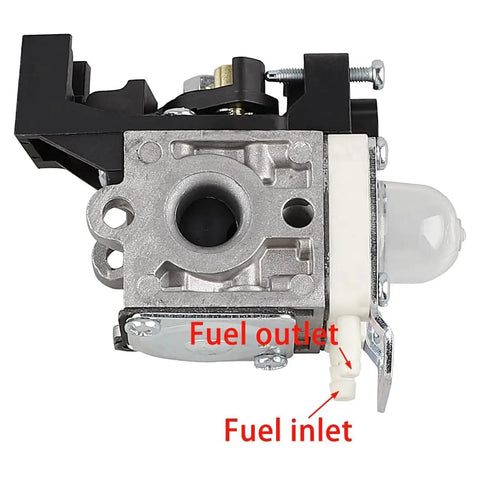 Side view of carburetor from Carburetor Tune Up Kit With Air Filter And Fuel Line For Echo SRM225 showing fuel inlet and outlet.