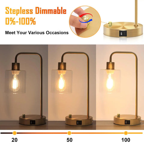 Gold Industrial Stepless Dimmable Table Lamps Set Of 2 With Knob Control And USB A C Ports Brass Desk Lamps illuminated levels