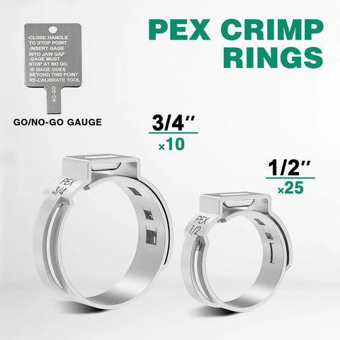 Stainless steel clamps for Two In One Ratchet PEX Crimping Tool Cinch And Remove Combo, sizes 1/2" and 3/4", with gauge.