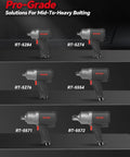 Pro Grade 1/2 Inch Air Impact Wrench 1245 Ft Lbs Max Torque Twin Hammer Design displayed in lineup of models RT-5284, RT-5274, and others.