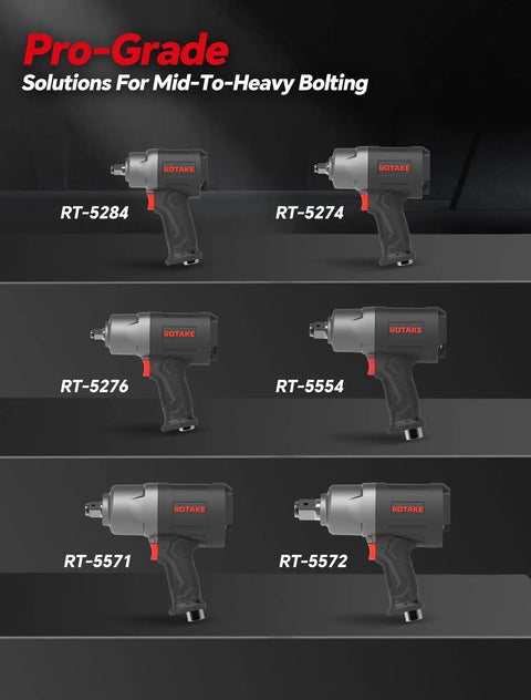 Pro Grade 1/2 Inch Air Impact Wrench 1245 Ft Lbs Max Torque Twin Hammer Design displayed in lineup of models RT-5284, RT-5274, and others.