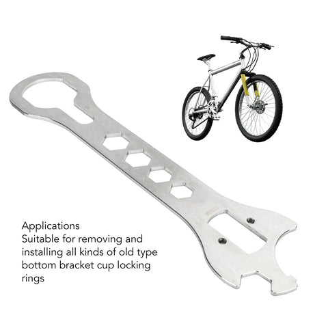 Stainless Steel Bottom Bracket Wrench For Bikes Multifunctional BB Removal And Installation Tool shown with a bicycle