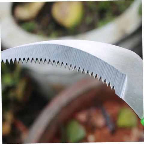 Close-up of serrated edge on Two Piece Weeding Tool Set Pro Grade Portable Garden Knife for fast lawn care, root pulling.