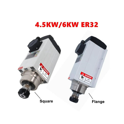 Top Shelf 6KW Air Cooled Spindle Motor For CNC Router Featuring ER32 Chuck 18000 RPM with square and flange options.