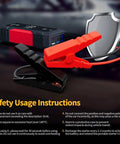 5000A Peak Jump Starter For Cars With 12V Battery Pack shown with red and black clamps and safety instructions displayed