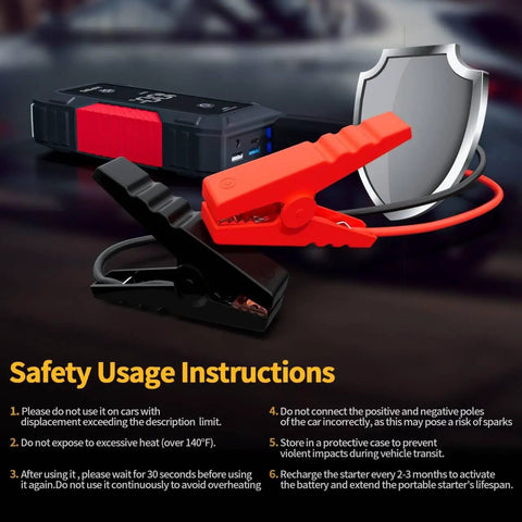 5000A Peak Jump Starter For Cars With 12V Battery Pack shown with red and black clamps and safety instructions displayed