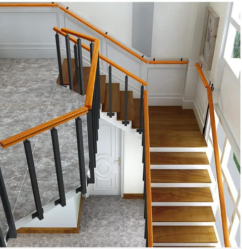 Top Notch Side Mount Deck Railing Posts With Adjustable Brackets And Complete Screw Kit Heavy Duty Black Stair Balusters installed around wooden stairs.