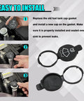 Instruction guide showing installation of Windshield Washer Fluid Reservoir Cap Replacement For Chevy Buick Cadillac GMC Durable Black Plastic Tank Cap With No Spill Seal Easy Install High Temperature Resistant Wiper Fluid Cover.