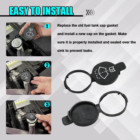 Instruction guide showing installation of Windshield Washer Fluid Reservoir Cap Replacement For Chevy Buick Cadillac GMC Durable Black Plastic Tank Cap With No Spill Seal Easy Install High Temperature Resistant Wiper Fluid Cover.