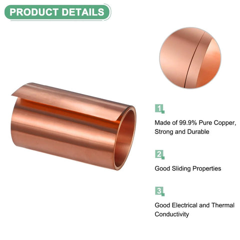 Copper Sheet Roll 2000 By 60 By 0.05mm copper foil showing pure copper material for DIY projects, home repair, crafts, and more uses.