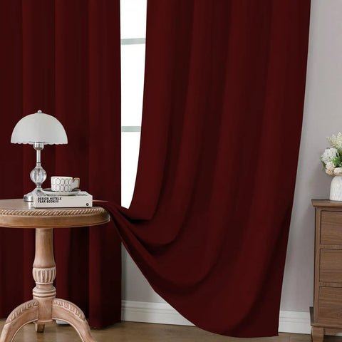 Burgundy Red Blackout Curtains 96 Inch Long 2 Panels Rod Pocket Window Drapes Darkening Thermal Insulated Light Blocking For Bedroom And Living Room W52 X L96 hanging in a living room.