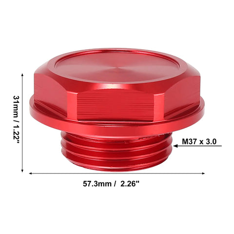 Red Aluminum Oil Filler Cap Plug Cover For Toyota Vehicles Aimed At Highlander RAV4 Yaris Camry Corolla Tacoma Land Cruiser And More Durable Stylish Engine Bay Accessory With Easy Install, showing side dimensions.