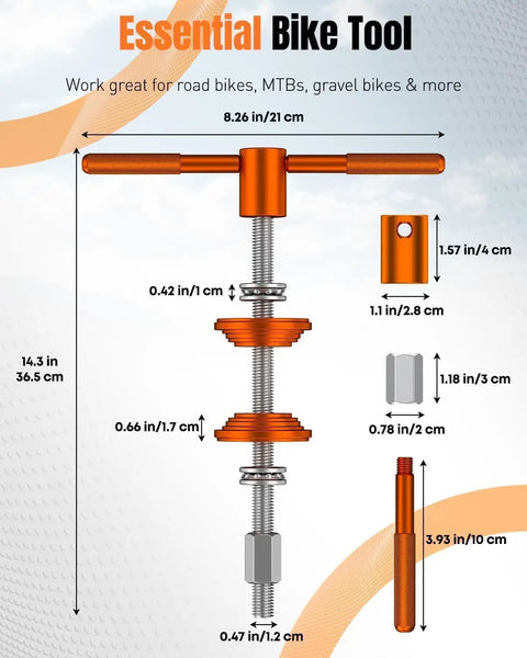 Dimensions and components of Beefy Pro Grade Bike Headset Press Tool For One And One Eighth Inch Systems Bicycle Bearing Press In And Cup Install Tool For Most BBS Bottom Brackets Aluminum Alloy Body With Half Inch Threaded Shaft And Carbon Fiber Spacers