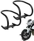 Two Pack Heavy Duty Motorcycle Wheel Chocks For E Track Steel Seven Inch Removable Front Tire Chocks For Trailers Vans Trucks Fits Front Tires Up To Seven Inches Easy Hand Tighten No Tools Required Self Locking Bolts shown with motorcycle for demonstration.