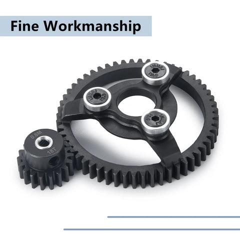 Beefed Up Steel RC Spur Gear Set 32P 56T with 18T Pinion, precision-made for 1/10 Scale 2WD Rustler Slash Stampede, close-up view.