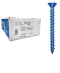 Box and a detailed view of 1/4 Inch By 2-3/4 Inch Flat Phillips Concrete Tapcon Screw For Masonry Anchoring To Brick, Block Or Concrete, Self Drilling For Quick, No-Fuss Install, 500 Count Case.