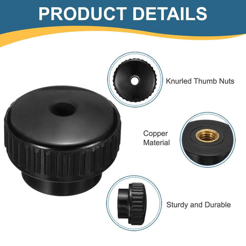 Badass Knurled Thumb Nuts M10 X 50mm Black Clamping Fasteners With Copper Core Lock Hardware for 3D Printers, detailed view.