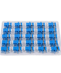 50 Pack LC Duplex Singlemode Fiber Optic Coupler Adapter Set in blue with ceramic tube design, arranged in a transparent plastic tray.