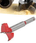 35mm Hinge Boring Jig Kit with hole locator showing red drill bit for furniture cabinets, durable ABS plastic, and hardened steel construction for precise, easy install.