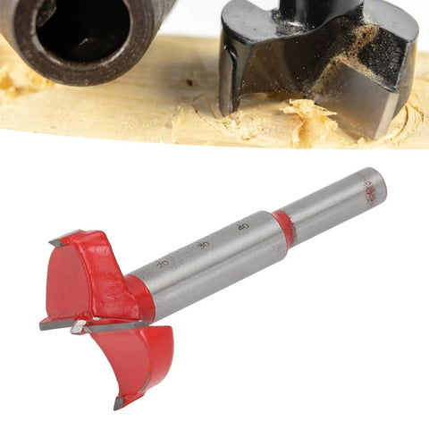 35mm Hinge Boring Jig Kit with hole locator showing red drill bit for furniture cabinets, durable ABS plastic, and hardened steel construction for precise, easy install.