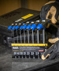 Eight-Piece T-Handle Hex Key Set With Six Inch Blades, Metric Allen Wrenches, stand included, shown with pro gloves