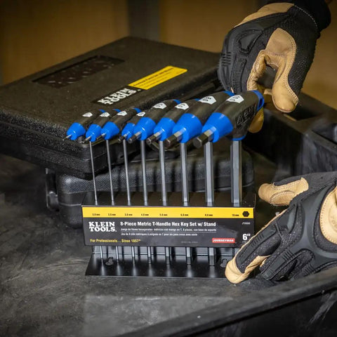 Eight-Piece T-Handle Hex Key Set With Six Inch Blades, Metric Allen Wrenches, stand included, shown with pro gloves