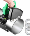 Close-up of Automatic Electric Pipe Cutter Heavy Duty Stainless Steel Tube Cutting Machine with cutting blades and handle.