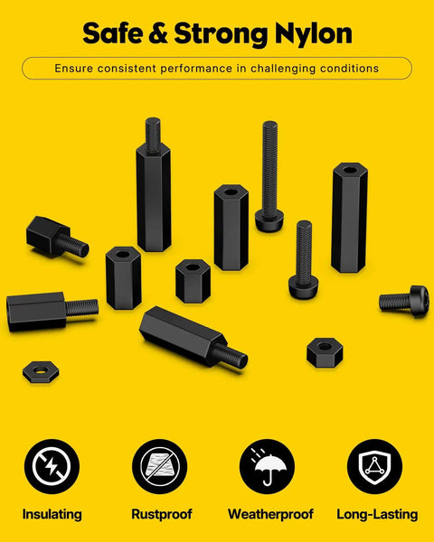 Killer Mega Pack Of 640 M3 Nylon Standoff Pieces Including Male Female Spacers And Assorted Screws For Motherboards And Electronics Boards Hella Tough Build Gear For Any Tech Project Right Now, various black nylon standoffs and screws.