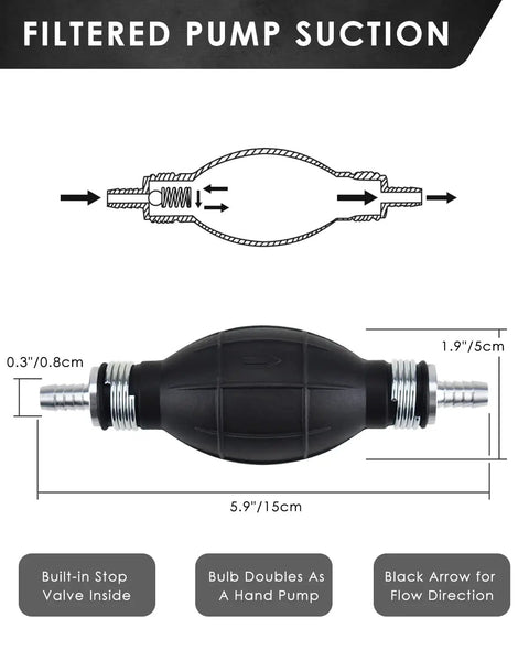 Gas Siphon Hose and Transfer Pump Kit, Portable Hand Fuel Pump with PVC Hoses, dimensions and diagram shown
